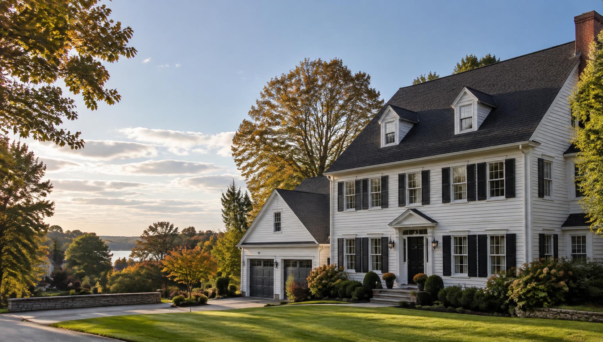 New England colonial home with a dark asphalt shingle roof
